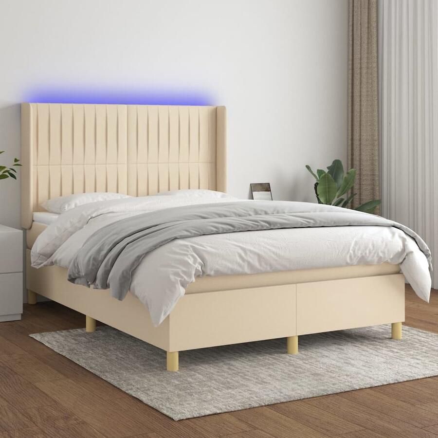 VidaXL Boxspring Met matras en LED 140x190 cm Boxspring Bed Led Bed Creme Bed Pocketveer Matras Slaapcomfort Hoofdbord Adjustable Headboard Bedroom Furniture - Foto 3
