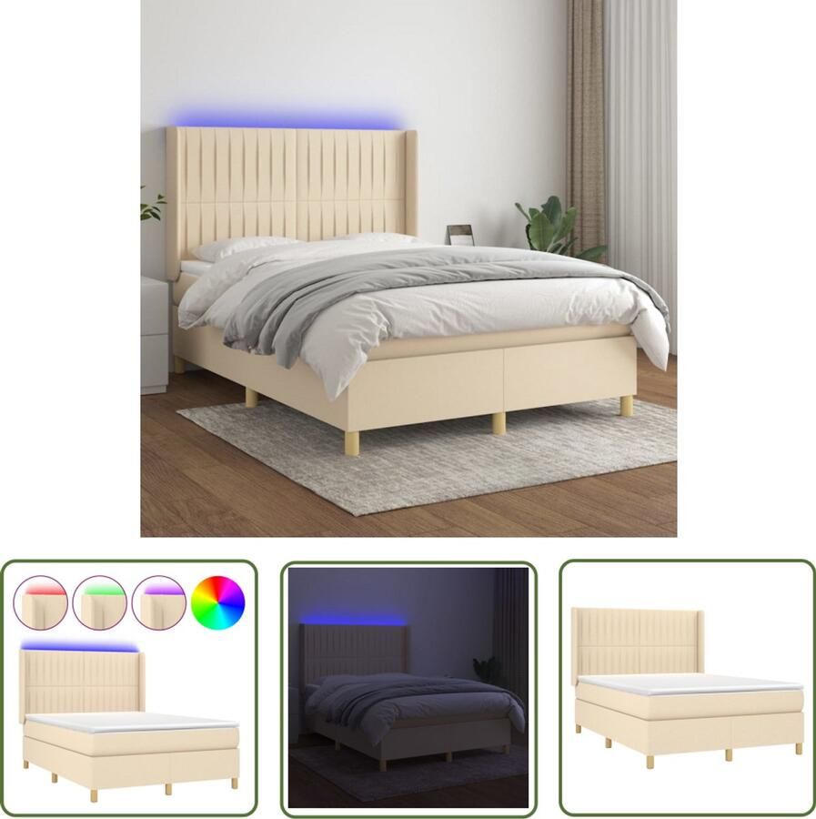 VidaXL Boxspring Met matras en LED 140x190 cm Boxspring Bed Led Bed Creme Bed Pocketveer Matras Slaapcomfort Hoofdbord Adjustable Headboard Bedroom Furniture - Foto 2