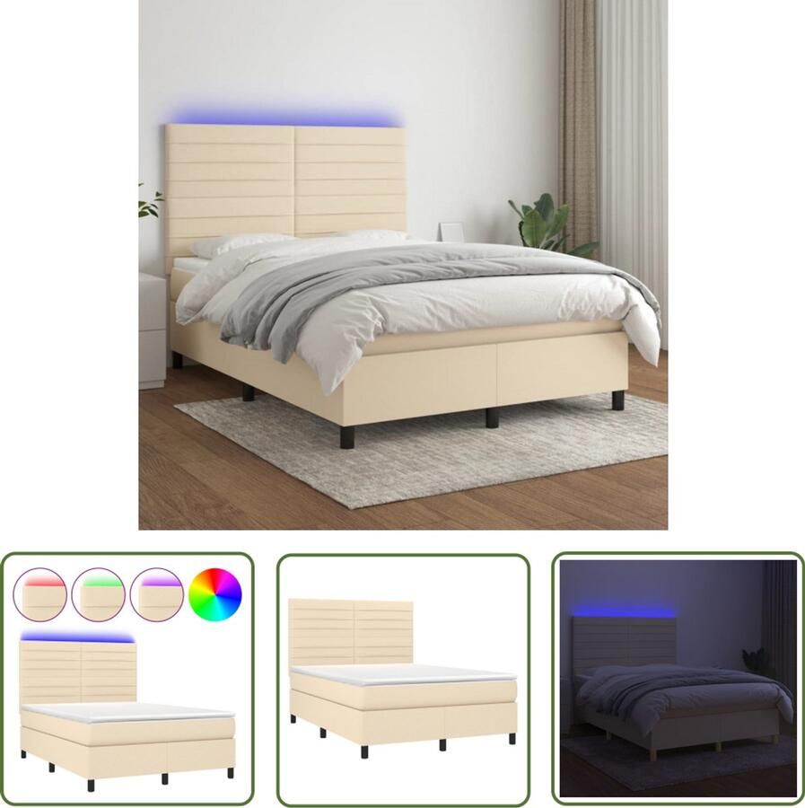 VidaXL Boxspring met matras en LED 140x190 cm crème Boxspring Led Boxspring Creme Boxspring Pocketveer Matras Slaapcomfort Hoofdbord Adjustable Headboard Bedroom Furniture
