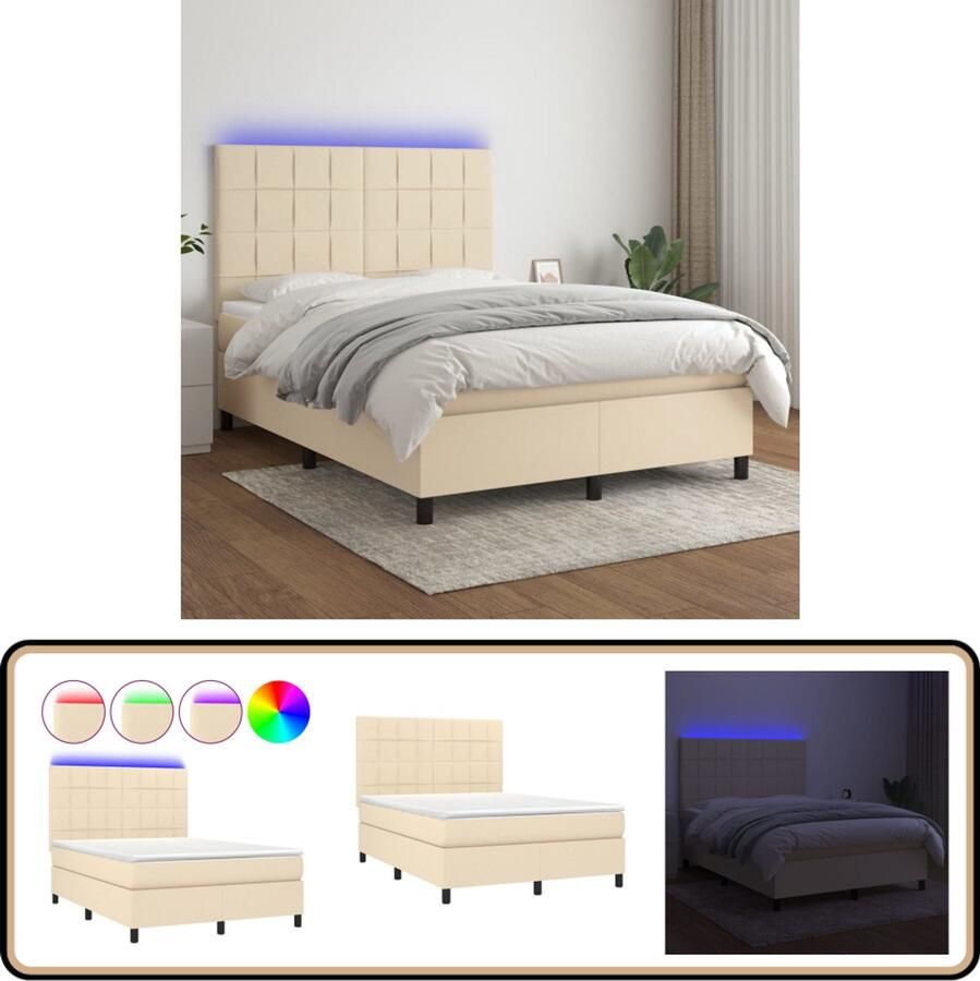 VidaXL Boxspring Met Matras en LED 140x190 cm Crème Boxspring Lederlook Cremekleurig Elektrisch Verstelbare Hoofdbord Led Verlichting