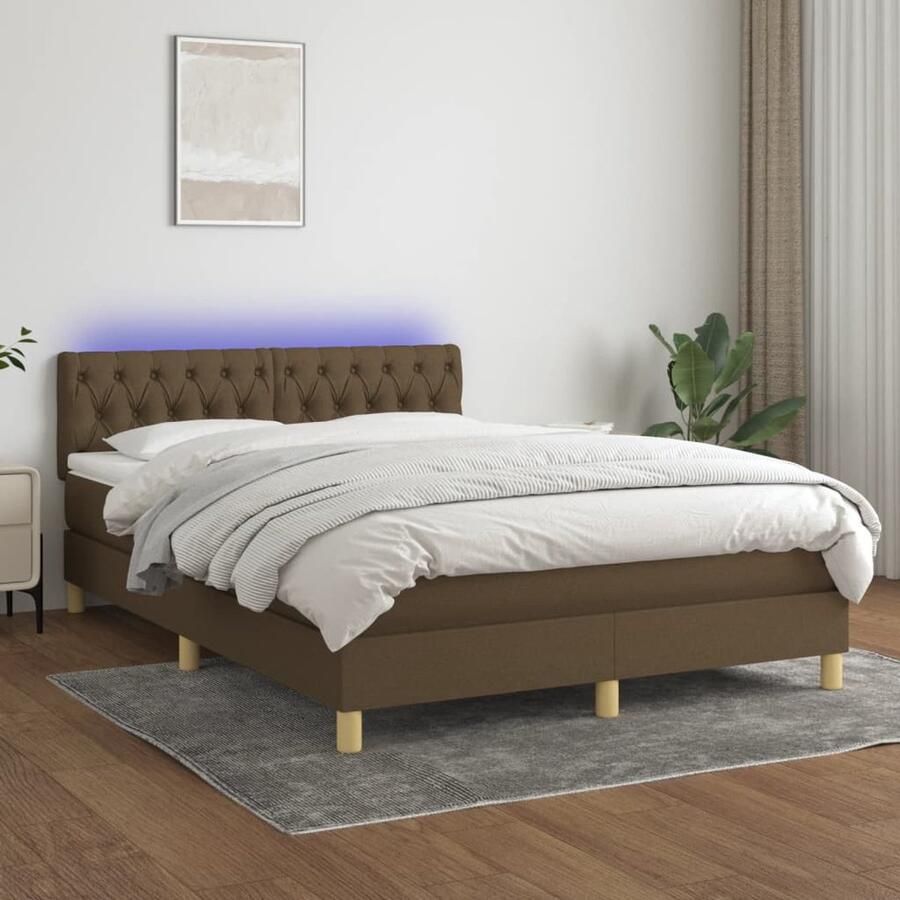 VidaXL Boxspring met matras en LED 140x190 cm Donkerbruin Boxspring Bed Led Bed Donkere Bruine Bed Pocketveer Matras Slaapcomfort Hoofdbord Regulier - Foto 2