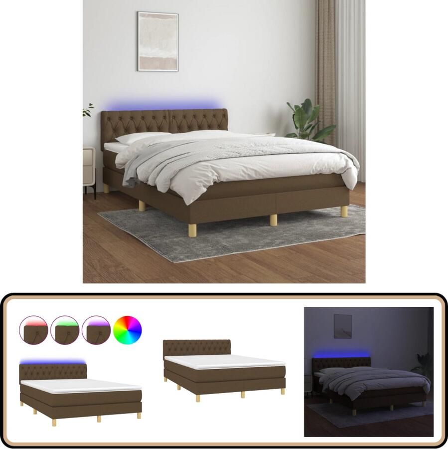 VidaXL Boxspring met matras en LED 140x190 cm Donkerbruin Boxspring Bed Led Bed Donkere Bruine Bed Pocketveer Matras Slaapcomfort Hoofdbord Regulier