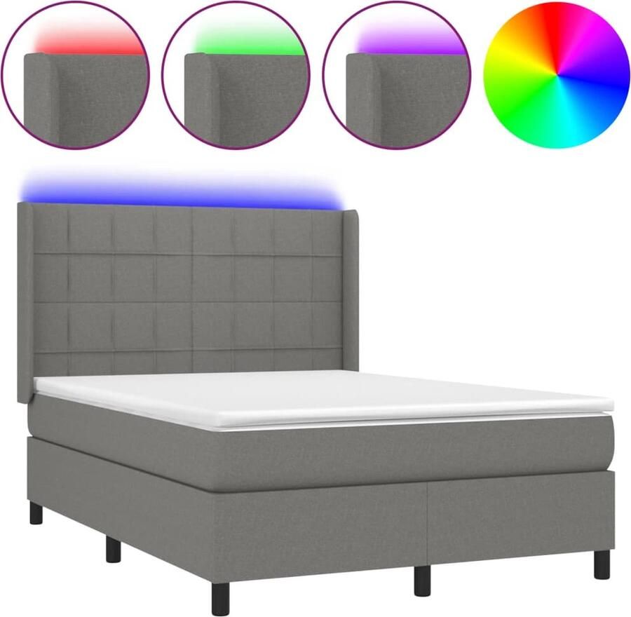 VidaXL Boxspring met matras en LED 140x190 cm Donkergrijs Boxspring Donkere Kleuren Led Lampen Pocketveer Matras Hoofdbord Bedroom Furniture - Foto 2