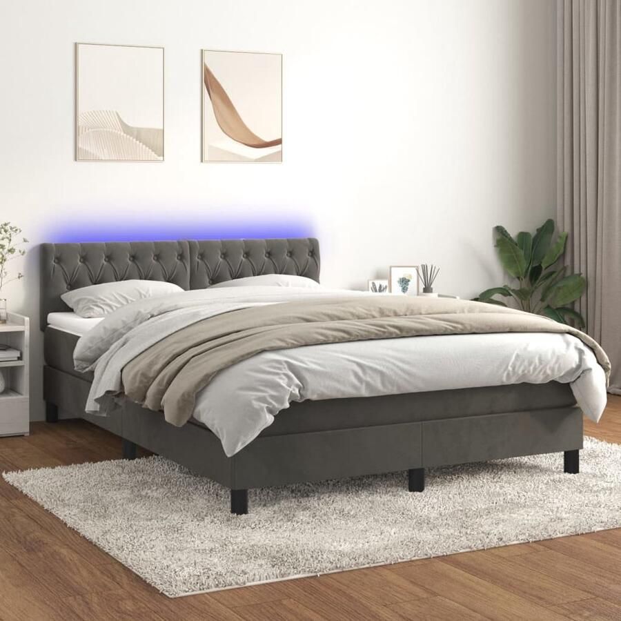 VidaXL Boxspring met matras en LED 140x190 cm Fluweel Boxspring Donkere Kleuren Velvet Led Lampen Slaapcomfort Tweepersoonsbed Hoofdbord Pocketed Spring Mattress - Foto 2