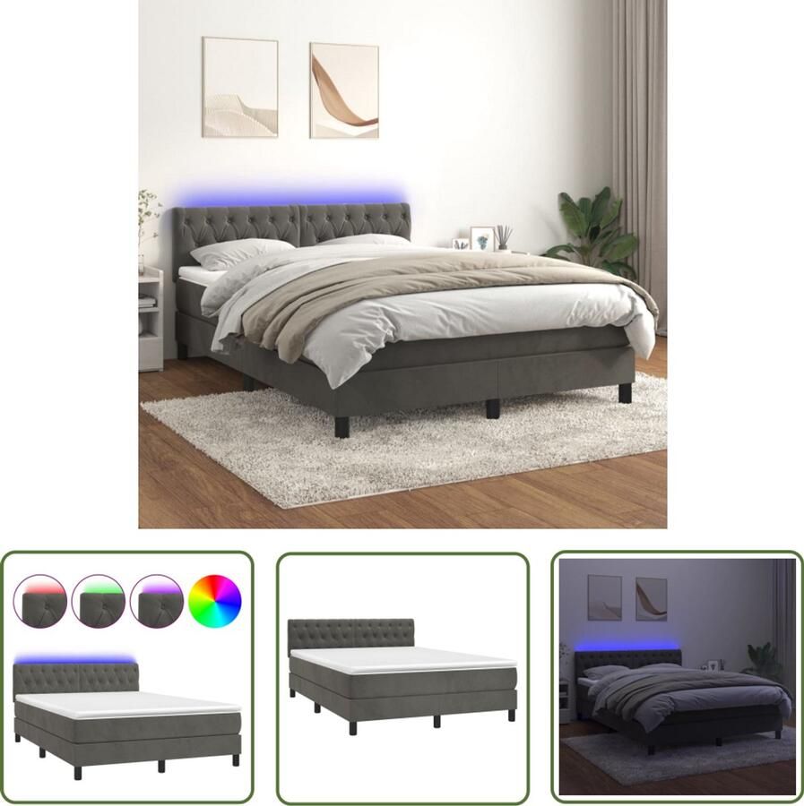 VidaXL Boxspring met matras en LED 140x190 cm Fluweel Boxspring Donkere Kleuren Velvet Led Lampen Slaapcomfort Tweepersoonsbed Hoofdbord Pocketed Spring Mattress