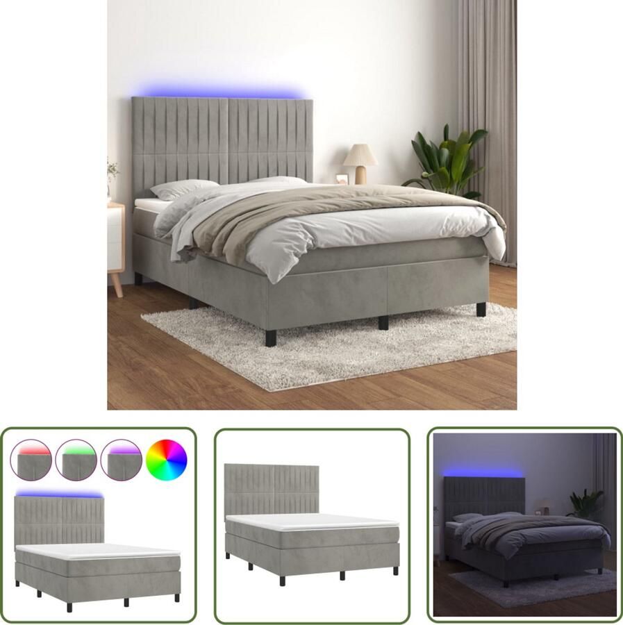 VidaXL Boxspring met matras en LED 140x190 cm Lichtgrijs Boxspring Luxe Bed Velvet Bed Verstelbare Hoofdbord Led Lampjes Pocketed Spring Mattress Slaapcomfort