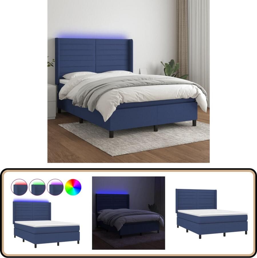 VidaXL Boxspring met matras en LED 140x200 cm Blauw Boxspring Bed Frame Led Lamp Slaapcomfort Slaapkamers