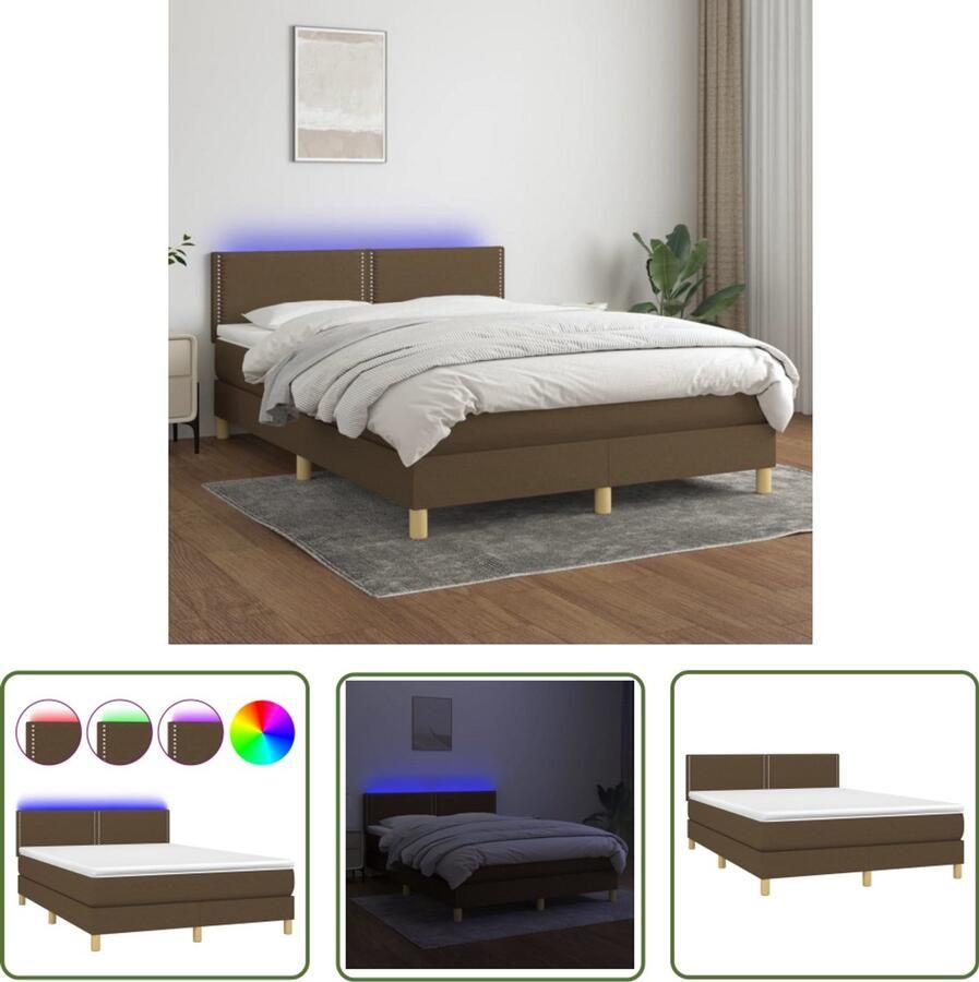 VidaXL Boxspring met matras en LED 140x200 cm Boxspring Led Bed Donkere Bruine Bed Tweepersoons Bed Pocketveer Matras Hoofdbord Slaapcomfort