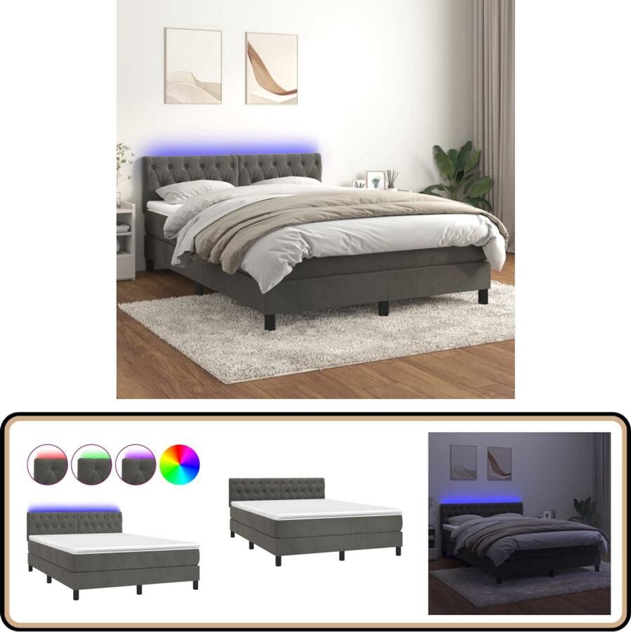 VidaXL Boxspring met matras en LED 140x200 cm Boxspring Led Bed Velvet Bed Tweepersoons Bed King Size Bed
