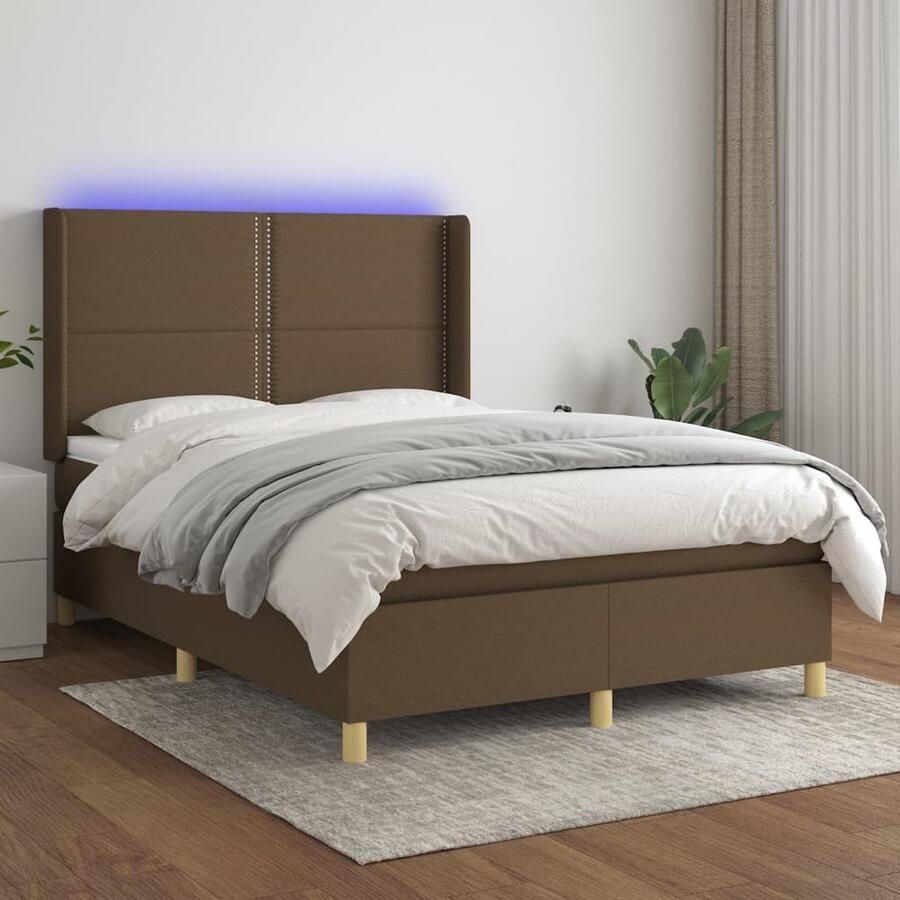 VidaXL Boxspring met matras en LED 140x200 cm Donkerbruin Boxspring Bed Donkere Bruine Boxspring Led Boxspring Pocketveer Matras Lederlook Boxspring Tweepersoons Boxspring Frame - Foto 2