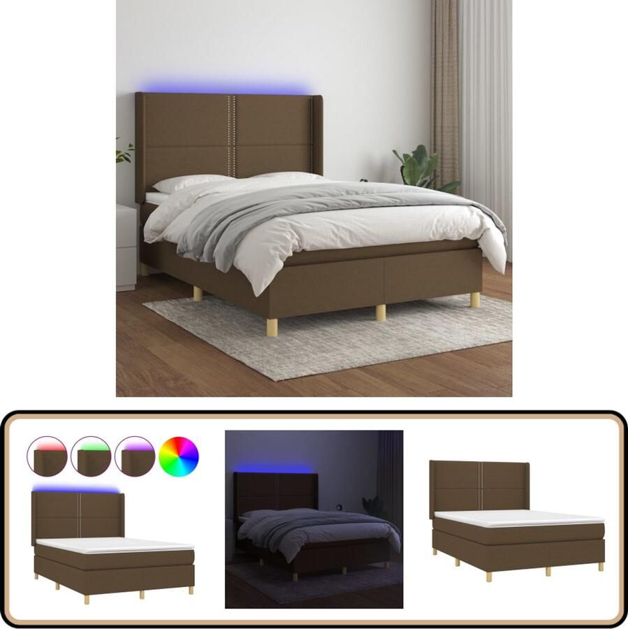 VidaXL Boxspring met matras en LED 140x200 cm Donkerbruin Boxspring Bed Donkere Bruine Boxspring Led Boxspring Pocketveer Matras Lederlook Boxspring Tweepersoons Boxspring Frame