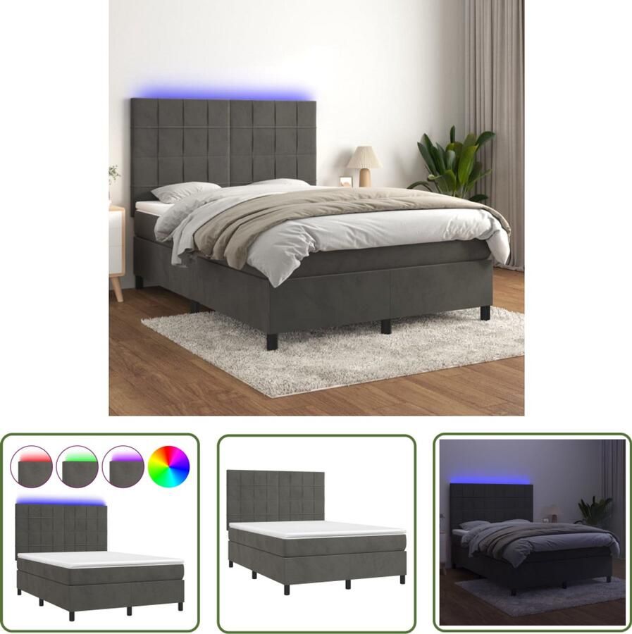 VidaXL Boxspring met matras en LED 140x200 cm Donkergrijs Boxspring Bed Fluweel Bed Led Bed Pocketveer Matras Hoofdbord Slaapcomfort
