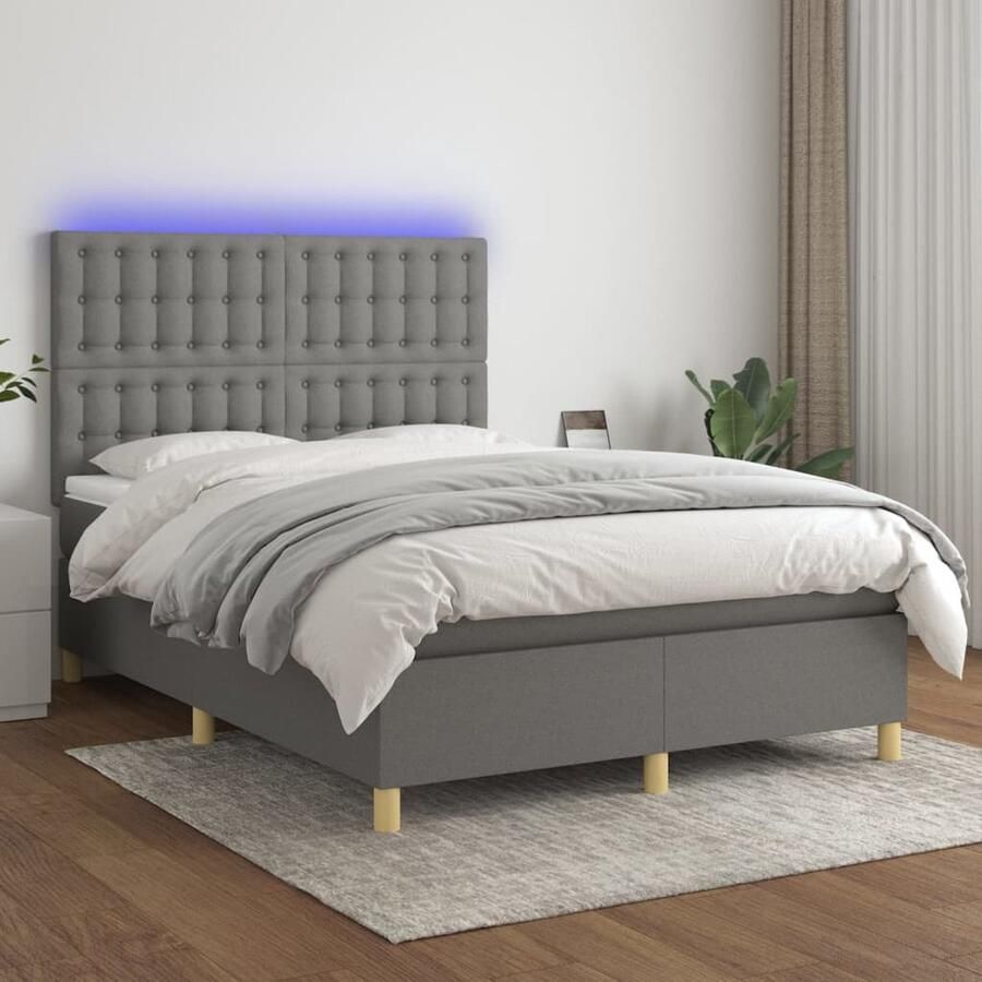 VidaXL Boxspring met matras en LED 140x200 cm Donkergrijs Boxspring Donkere Kleuren Led Lampen Pocketed Veren Slaapcomfort Slaapkamers - Foto 2