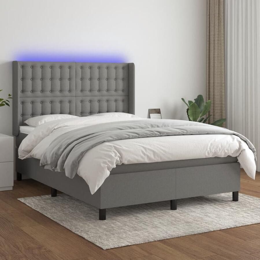 VidaXL Boxspring met Matras en LED 140x200 cm Donkergrijs Boxspring Led Boxspring Donkere Boxspring Grijs Pocketveer Matras Elektrisch Hoofdbord Slaapcomfort - Foto 2