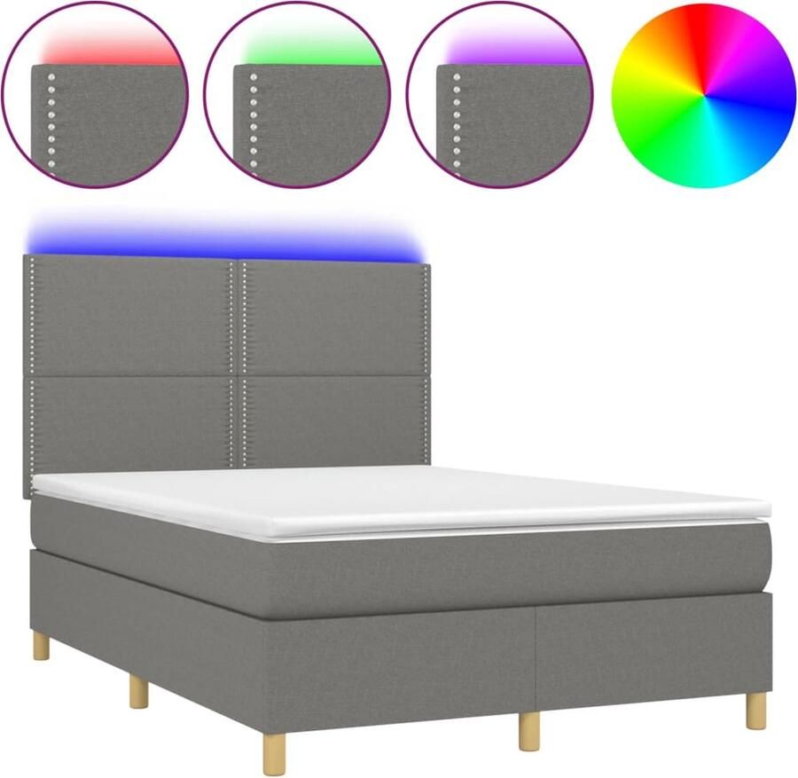 VidaXL Boxspring met matras en LED 140x200 cm Donkergrijs Boxspring Led Lamp Boxspring Grijs Slaapcomfort Pocketed Veren Adjustable Headboard Bedroom Furniture - Foto 2