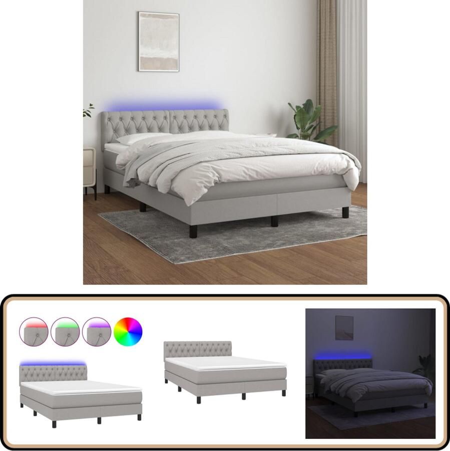 VidaXL Boxspring met matras en LED 140x200 cm Lichtgrijs Boxspring Led Bed Slaapcomfort Slaapkamers Grijs Bed Tweepersoonsbed Pocketed Spring Mattress