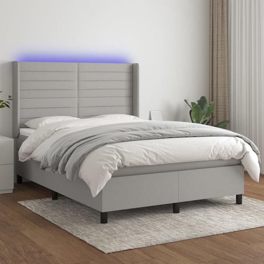VidaXL Boxspring met matras en LED 140x200 cm Lichtgrijs Boxspring Led Lamp Hoofdbord Verstelbaar Pocketvering Duurzame Materialen Grijs - Foto 3
