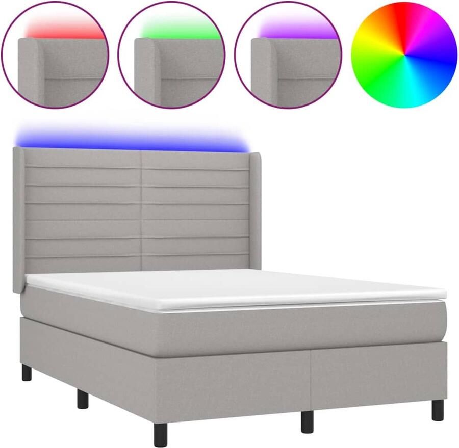 VidaXL Boxspring met matras en LED 140x200 cm Lichtgrijs Boxspring Led Lamp Hoofdbord Verstelbaar Pocketvering Duurzame Materialen Grijs - Foto 2
