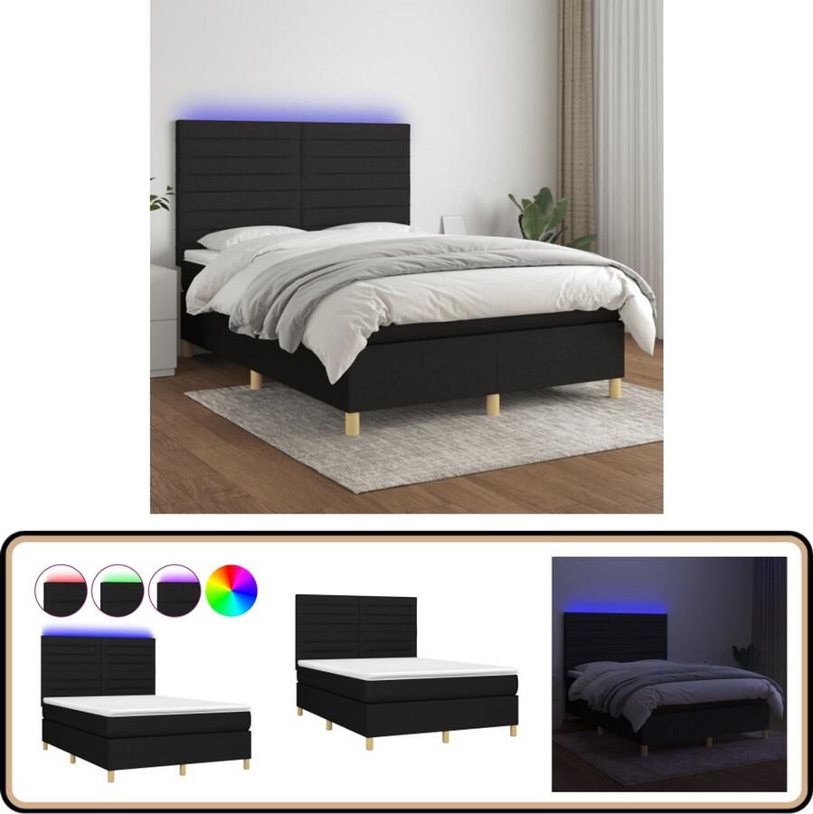 VidaXL Boxspring met matras en LED 140x200 cm Zwart Boxspring Bed Led Bed Boxspring Tweepersoons Bed Slaapcomfort Slaapkamers Zwarte Boxspring Design Bed Modern Bed