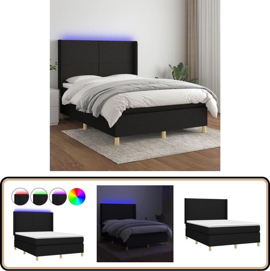 VidaXL Boxspring met matras en LED 140x200 cm Zwart Boxspring Led Lamp Boxspring Kopen Tweepersoonsbed Pocketveer Matras Elektrisch Hoofdbord Zwarte Boxspring