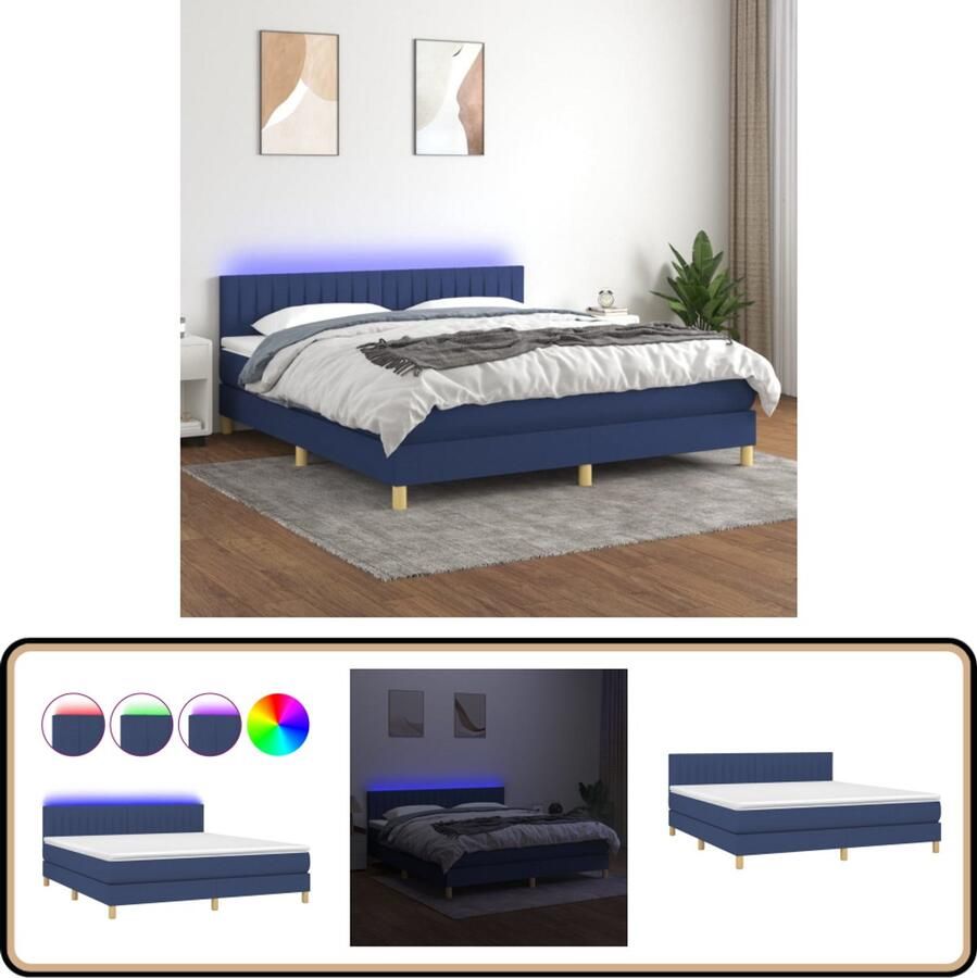 VidaXL Boxspring met matras en LED 160x200 cm Blauw Boxspring Led Lamp Boxspring Met Matras Slaapcomfort Adjustable Headboard