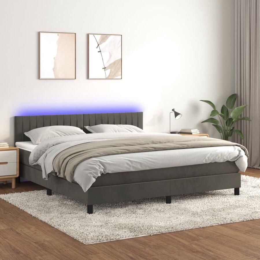 VidaXL Boxspring met matras en LED 160x200 cm Boxspring Bed Donkere Kleuren Velvet Bed Led Lampen Hoofdbord Tweepersoonsbed Slaapcomfort - Foto 2