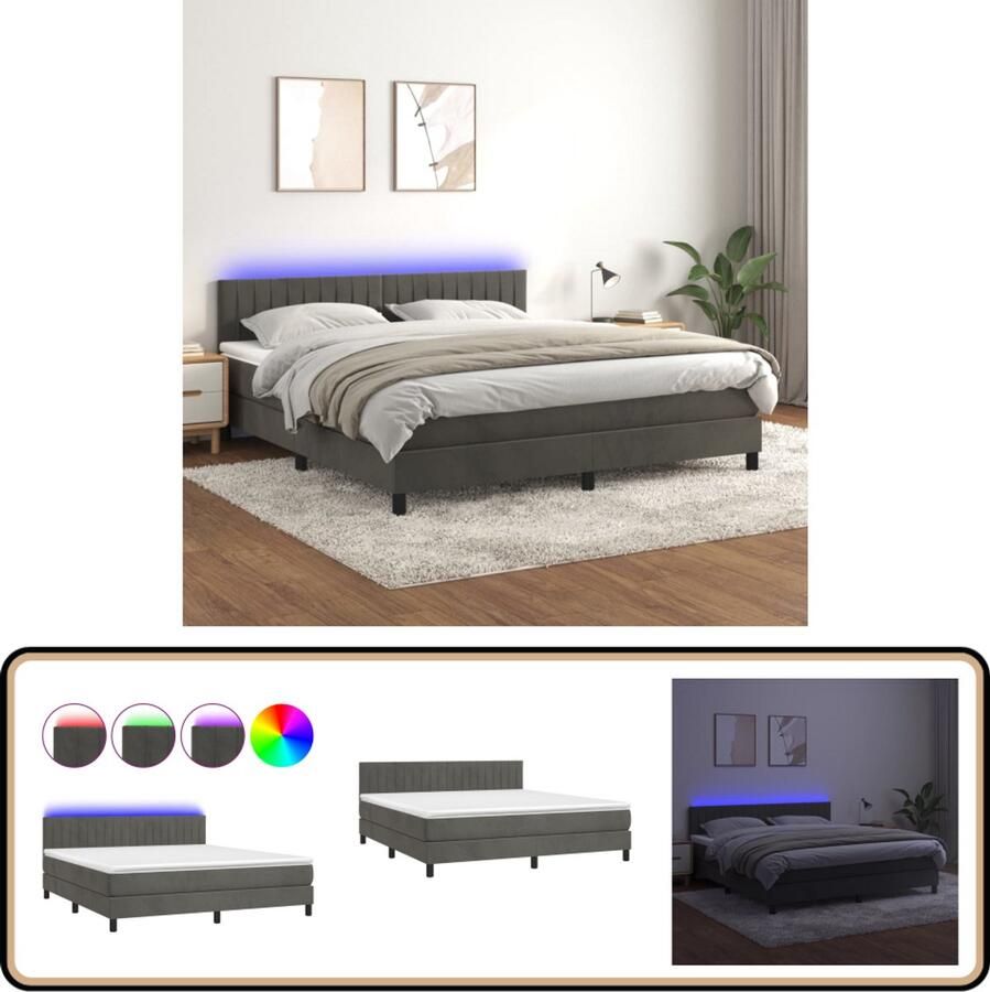 VidaXL Boxspring met matras en LED 160x200 cm Boxspring Bed Donkere Kleuren Velvet Bed Led Lampen Hoofdbord Tweepersoonsbed Slaapcomfort