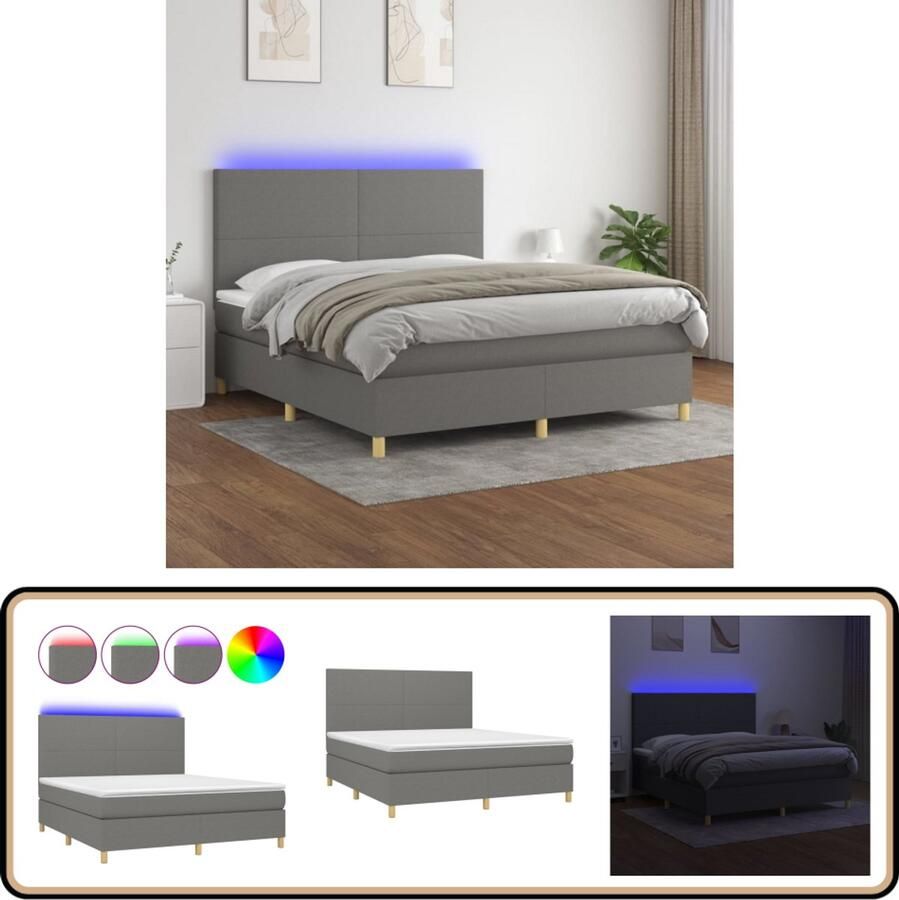 VidaXL Boxspring met matras en LED Donkergrijs 180x200 cm Boxspring Donkere Kleuren Led Lampen Pocketed Veren Slaapcomfort Slaapkamers