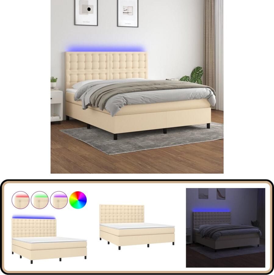 VidaXL Boxspring Met Matras en LED 180x200 cm Boxspring Led Verlichting Pocketvering Creme Tweepersoonsbed Slaapcomfort Hoofdbord Matras Topmatras