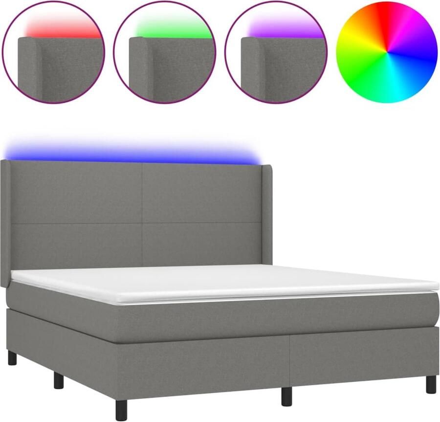 VidaXL Boxspring 160x200 cm Donkergrijs LED Boxspring Donkere Kleuren Lederlook Pocketvering Led Verlichting Slaapcomfort Hoofdbord Verstelbaar Groot Formaat - Foto 2