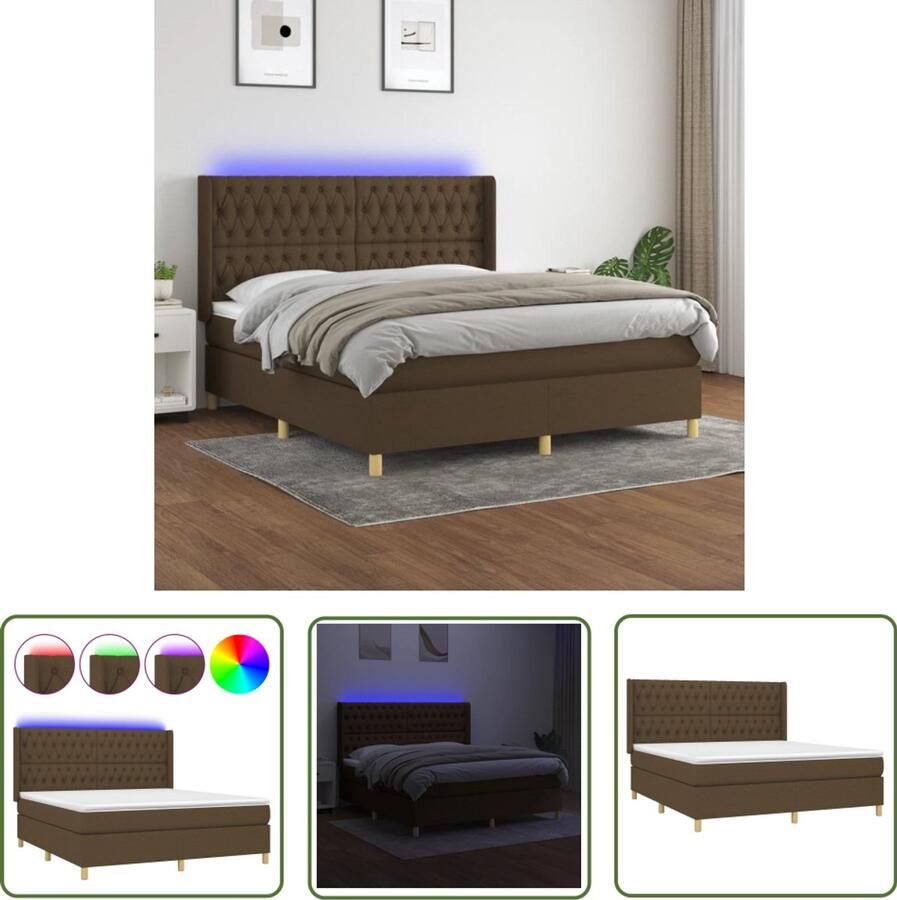 VidaXL Boxspring met matras en LED 180x200 cm Donkerbruin Boxspring Donkere Meubelen Led Lampen Pocketed Veren Matras Hoofdbord Bedroom Furniture Tweepersoonsbed
