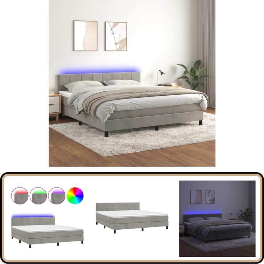 VidaXL Boxspring met matras en LED 180x200 cm Lichtgrijs Boxspring Bed Led Bed Velvet Bed Tweepersoons Bed Groot Bed