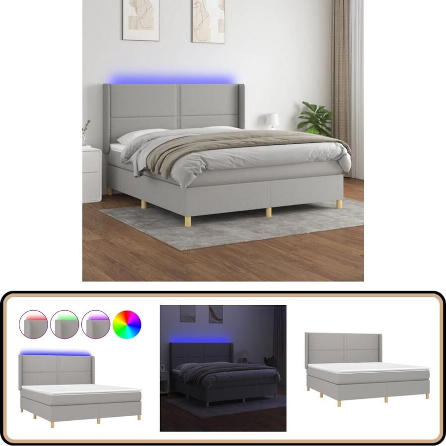 VidaXL Boxspring met matras en LED 180x200 cm Lichtgrijs Boxspring Led Boxspring Hoofdbord Verstelbaar Pocketvering Boxspring Grijs Slaapcomfort Bedroom Decor