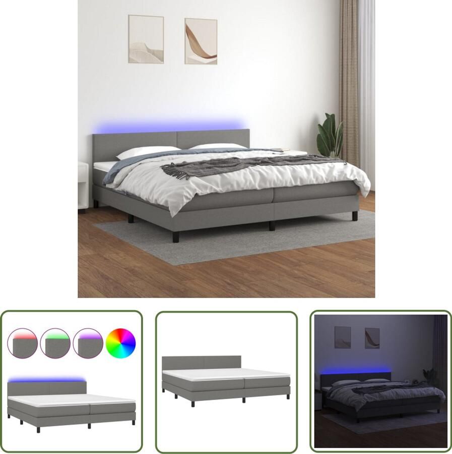 VidaXL Boxspring met matras en LED 200x200 cm Boxspring Led Bed Verstelbare Hoofdbord Donkere Grijze Bed Lederlook Bed Pocketed Spring Mattress Huidgevend Topmatras