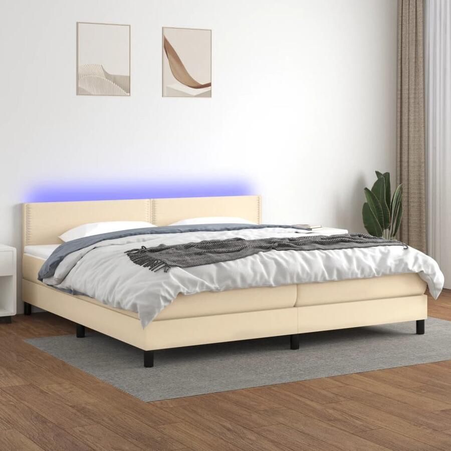VidaXL Boxspring met matras en LED 200x200 cm Crème Boxspring Bed Frame Lederlook Cremekleurig Elektrisch Verstelbare Hoofdbord Led Verlichting Pocketed Veren Matras - Foto 2