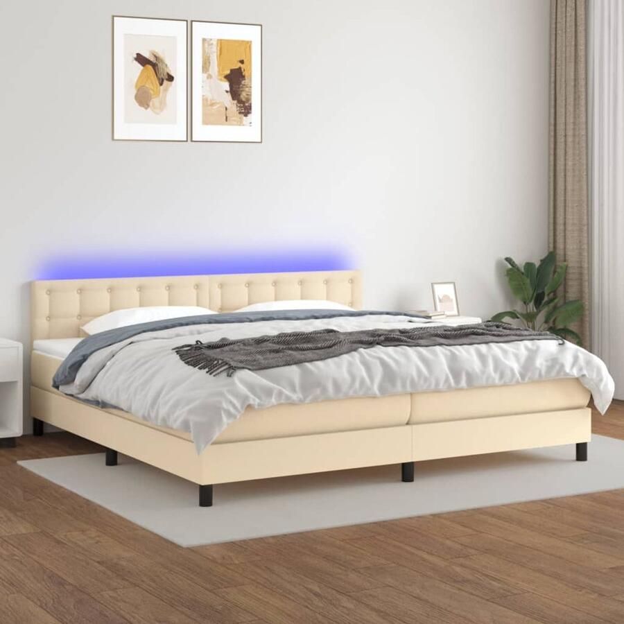VidaXL Boxspring met matras en LED 200x200 cm Crème Boxspring Led Bed Hoofdbord Pocketed Spring Mattress Creme Bed Slaapcomfort Bedroom Furniture - Foto 2