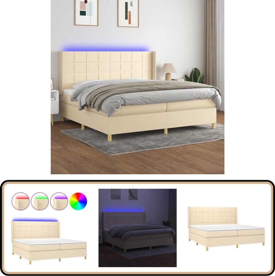 VidaXL Boxspring met matras en LED 200x200 cm crème Boxspring Slaapcomfort Led Lamp Pocketed Veren Cremekleurig