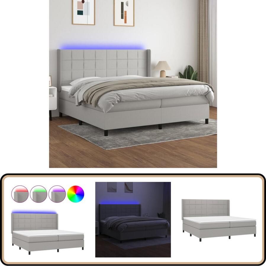 VidaXL Boxspring met matras en LED 200x200 cm Lichtgrijs Boxspring Led Boxspring Pocketvering Boxspring Grijs Slaapcomfort Bedroom Furniture King Size Bed Tweepersoonsbed