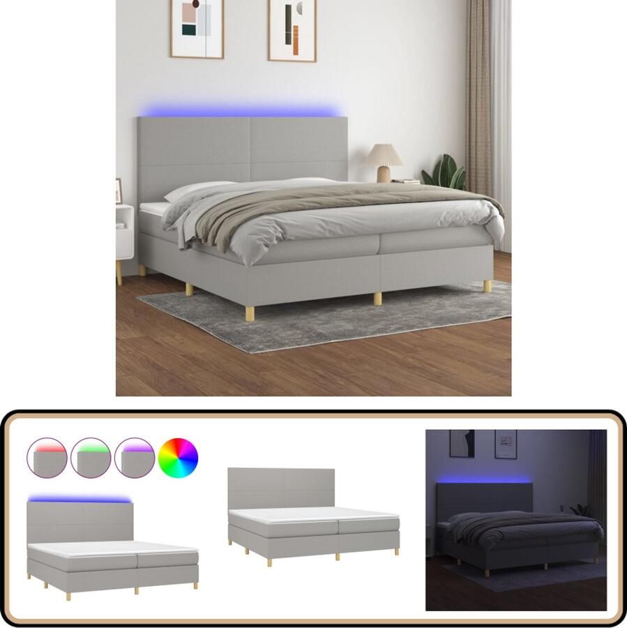 VidaXL Boxspring met matras en LED 200x200 cm Lichtgrijs Boxspring Led Boxspring Verstelbare Boxspring Grijs Boxspring Pocketed Spring Mattress