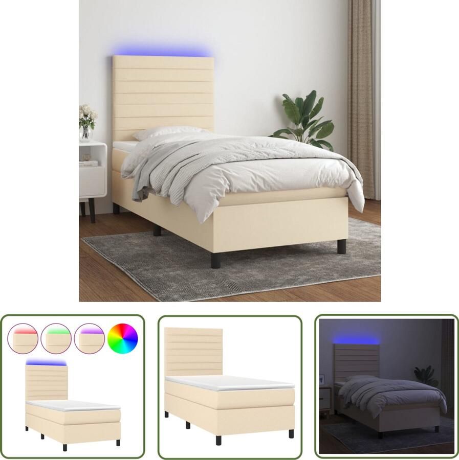 VidaXL Boxspring met matras en LED 80x200 cm crème Boxspring Led Bed Creme Boxspring Pocketveer Matras Slaapcomfort Hoofdbord Adjustable Headboard Bedroom Furniture