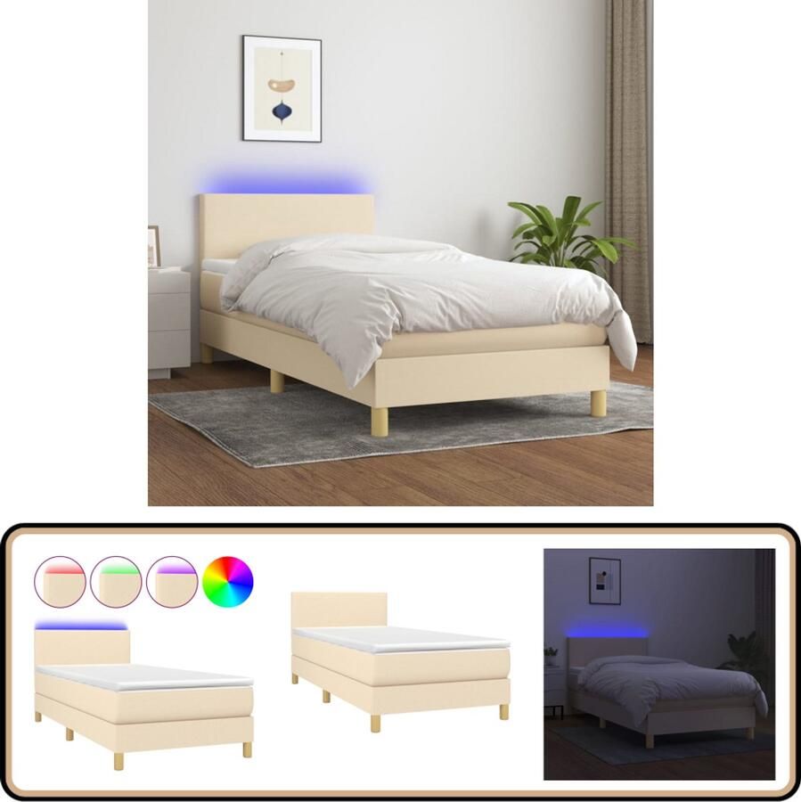VidaXL Boxspring met matras en LED Crème 100x200 cm Boxspring Led Lamp Pocketed Spring Mattress Hoofdbord Cremekleurig Slaapcomfort Bedroom Furniture