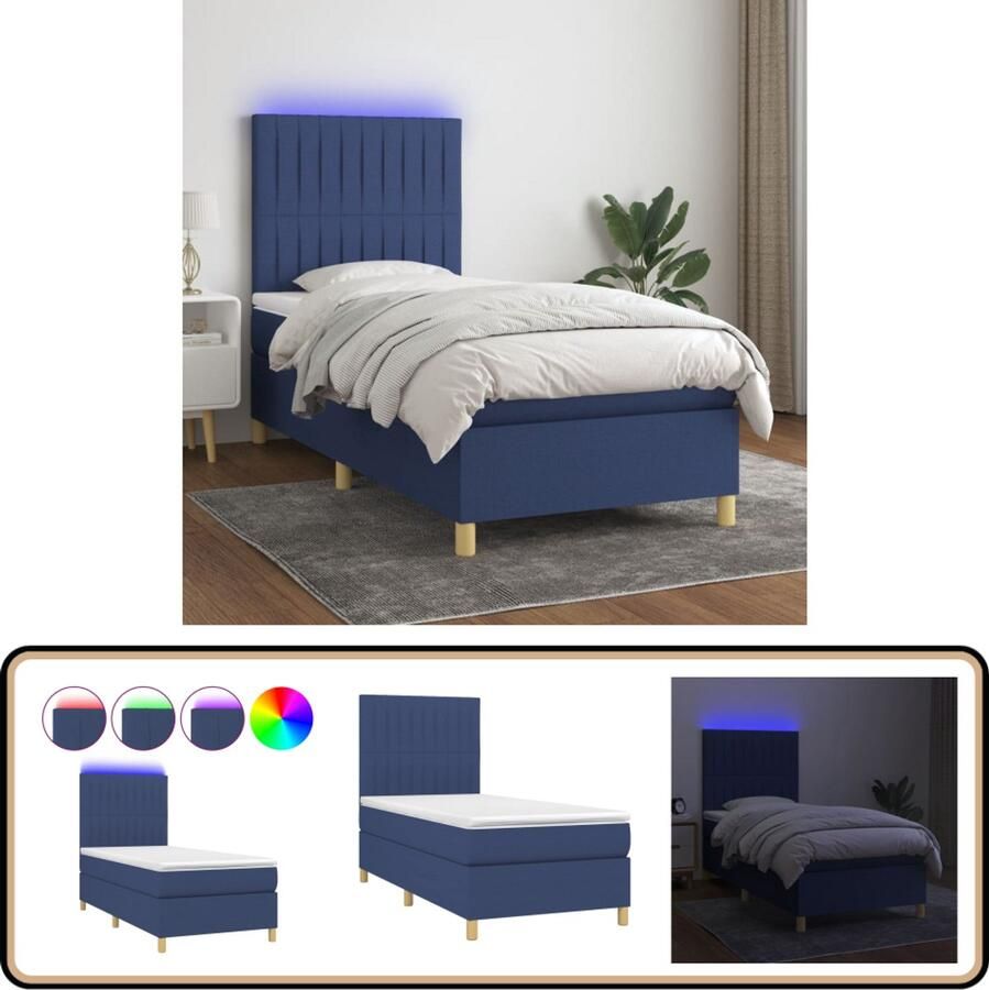 VidaXL Boxspring met matras en LED 90x190 cm Blauw Boxspring Led Boxspring Met Led Slaapcomfort Slaapkamers