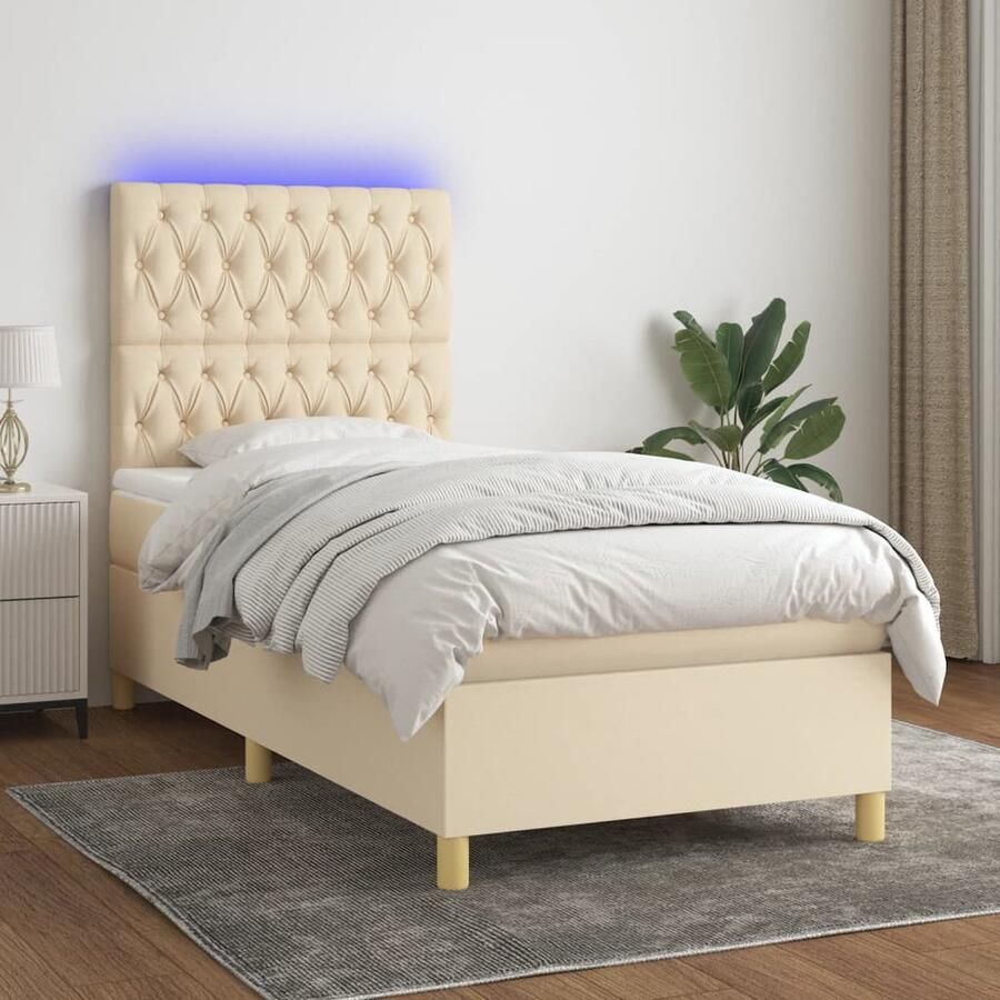 VidaXL Boxspring met matras en LED 90x190 cm Crème Boxspring Led Bed Creme Bed Pocketed Spring Mattress Adjustable Headboard Bedroom Furniture - Foto 2