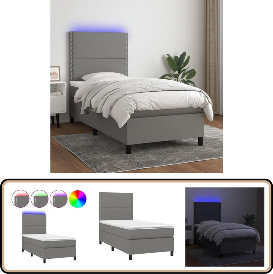 VidaXL Boxspring Met matras en LED 90x190 cm Donkergrijs Boxspring Bed Led Bed Verstelbare Hoofdbord Pocketveer Matras Huidgevend Topmatras Slaapcomfort Slaapkamers