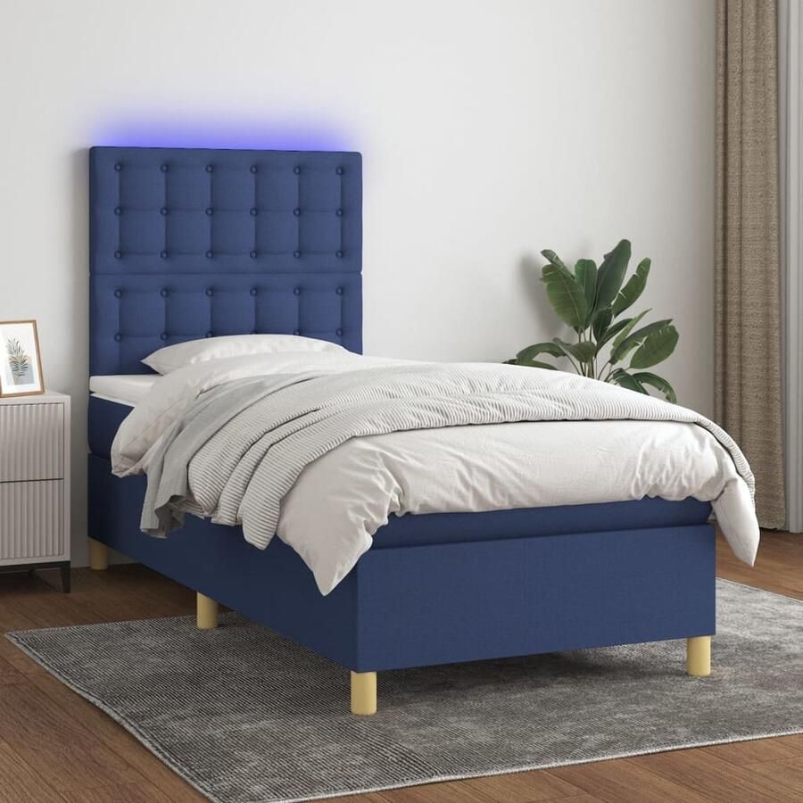 VidaXL Boxspring met LED en matras Blauw 100x200 cm Boxspring Led Bed Verstelbare Hoofdbord Pocketvering Matras Huidevriendelijk Blauwe Boxspring - Foto 2