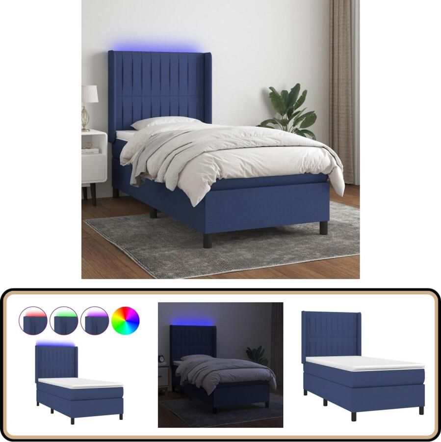 VidaXL Boxspring met matras en LED 90x200 cm Blauw Boxspring Bed Led Lampje Slaapcomfort Pocketed Spring Mattress Hoofdbord Blauwe Boxspring