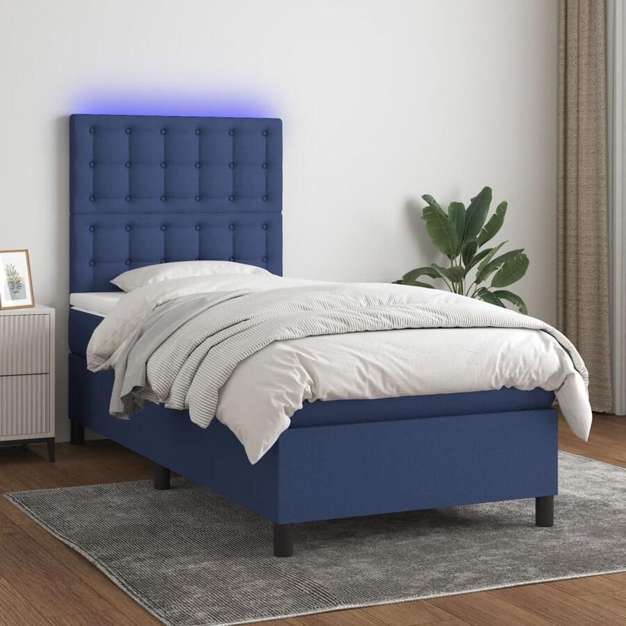VidaXL Boxspring met matras en LED 90x200 cm Blauw Boxspring Led Boxspring Met Led Slaapcomfort Slaapkamers Tweepersoonsbed Blauwe Boxspring Pocketed Veren Matras - Foto 2
