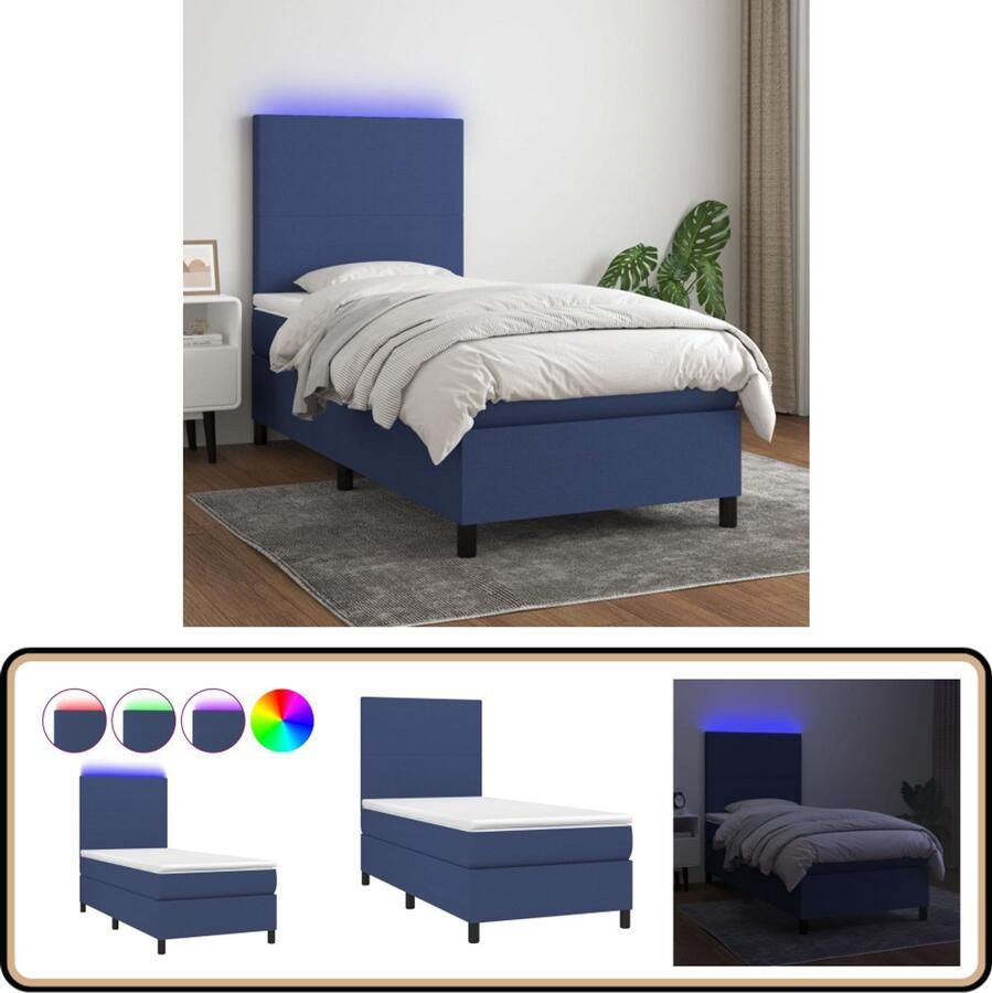VidaXL Boxspring met matras en LED 90x200 cm Boxspring Led Lamp Slaapcomfort Tweepersoonsbed Blue Bedroom Furniture King Size Bed