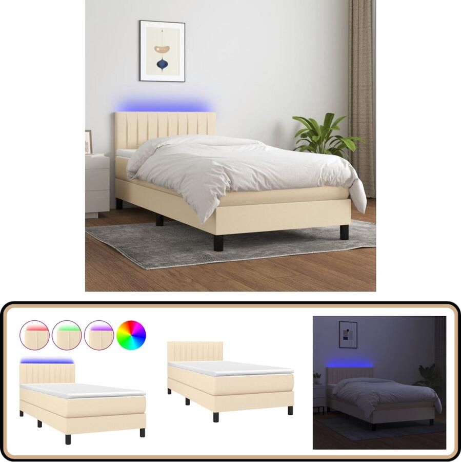 VidaXL Boxspring met matras en LED 90x200 cm crème Boxspring Led Bed Creme Bed Pocketed Spring Mattress Adjustable Headboard