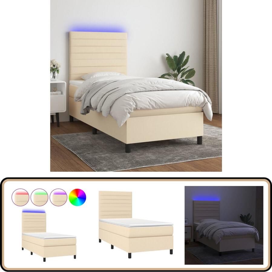 VidaXL Boxspring met matras en LED 90x200 cm Crème Boxspring Led Lamp Creme Kleurig Slaapcomfort Pocketing Matras Hoofdbord Bedroom Furniture